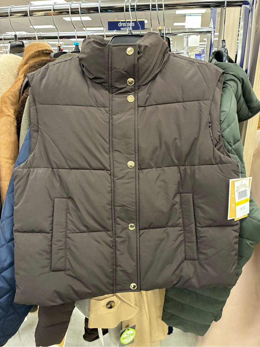 Michael Kors Women's Brown Puffer Vest with Stand Collar